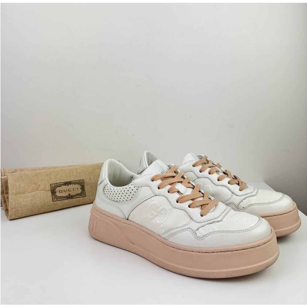 GUCCI Calfskin Giant GG Tennis Embossed Platform 55mm Sneakers White Nude 37.5